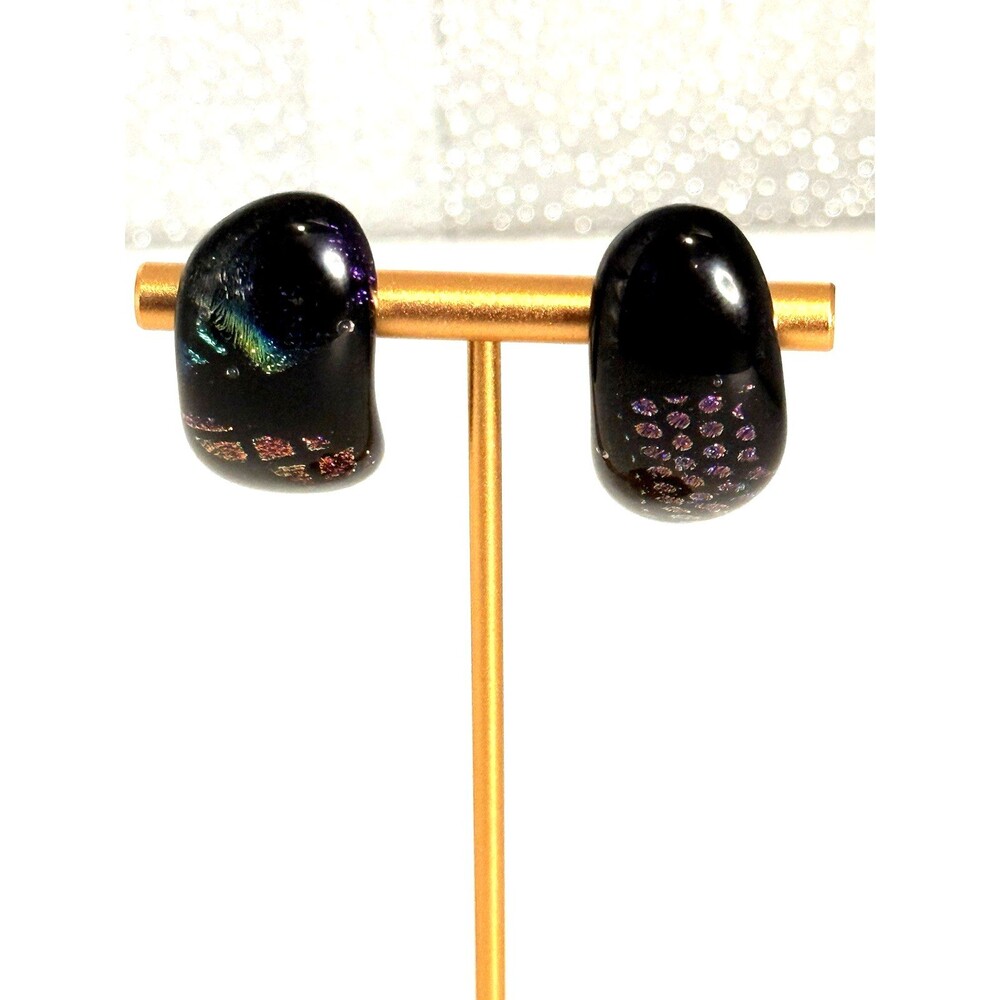 Artisan Colorful Fused Dichroic Glass Earrings Bold Iridescent Geometric Pattern